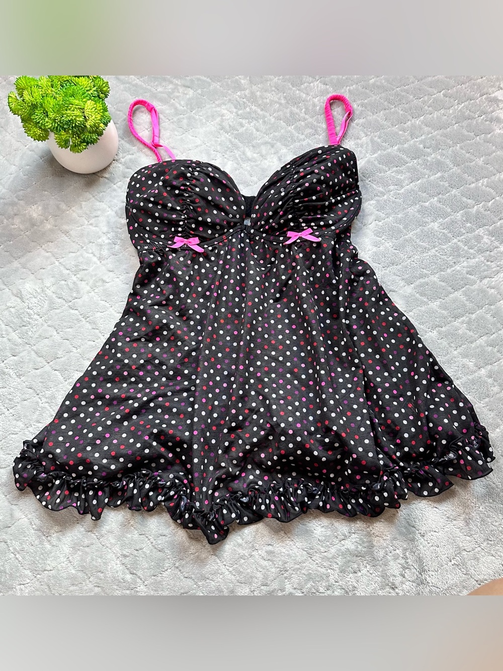 🎀 La senza Coquette Babydoll Polka Dot Lingerie Chemise Pink Bow Nightdress LG